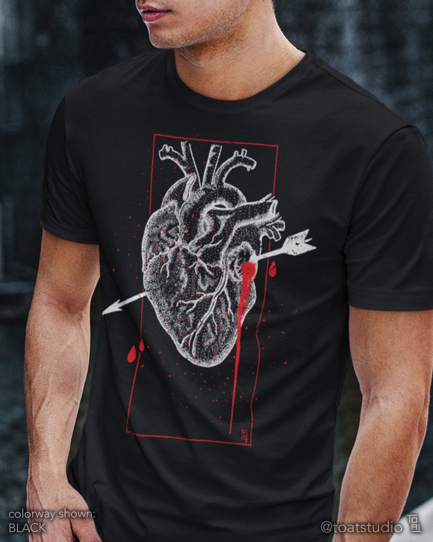 Pierced Heart Unisex T-shirt, Stabbed Heart, Dripping with Blood, Broken Heart, Bow & Arrow, Anatomical Art, Hopeless Romantic, Hard To Love