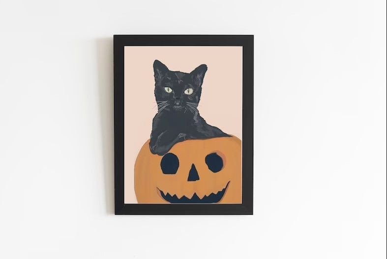 Black Cat Sitting In Pumpkin Art Print Poster, Wall Decor, Halloween Decor, Spooky Season Poster