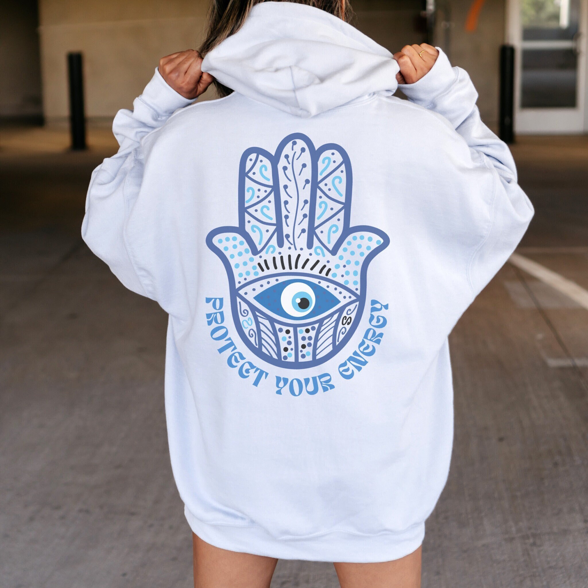 Protect Your Energy Hasma Hand Evil Eye Hoodie Trendy Hoodies Oversized Hoody Witchy Clothes Preppy Hoodie with Words on Back VSCO Hoodie