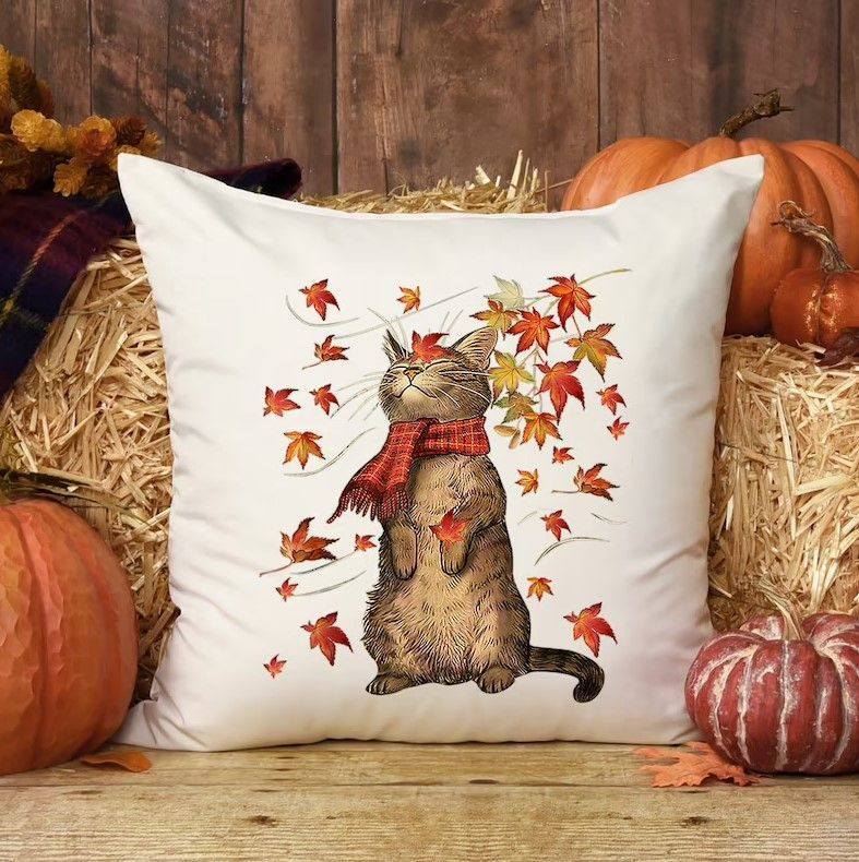 Fall Cat With Leaves Pillow, Cat Lover Pillow, Pumpkin Pillow, Autumn Decor Pillow, Fall Decor Pillow, Cat Lover