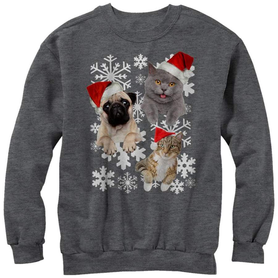 Lost Gods Women’s Ugly Christmas Cat Dog Snowflake  Sweatshirt Charcoal Heather