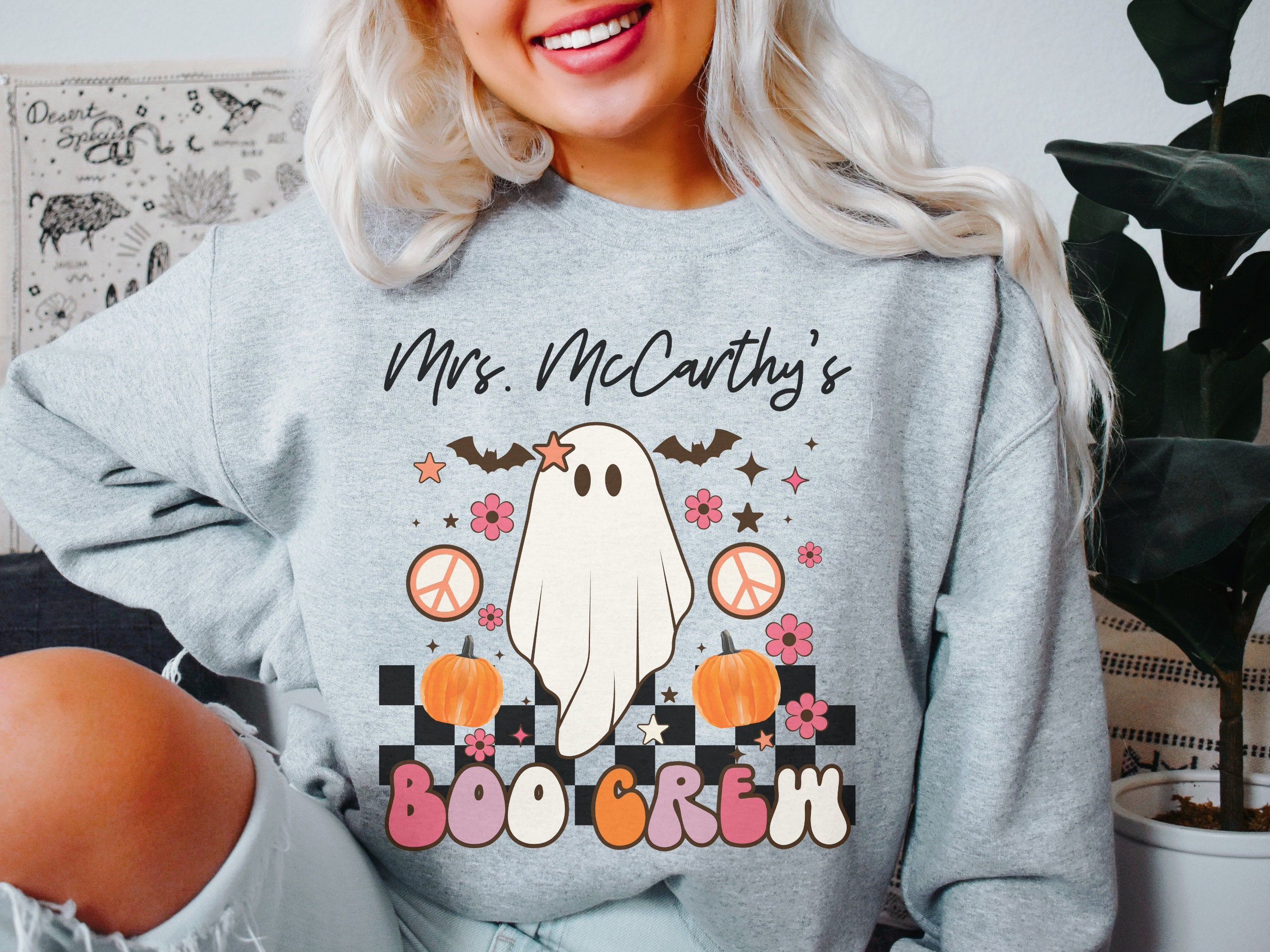 Personalized Teacher Halloween Sweatshirt, Custom Halloween Teacher Crewneck, Spooky Teacher Halloween Ghost Tee, Spooky Season Teacher Gift