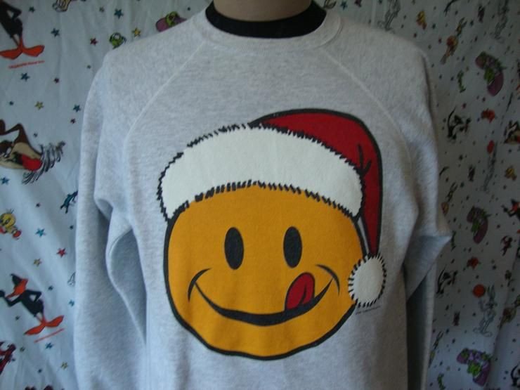 Vintage 90 No Smiley Face Santa Clause Hippie Gris Collier Ras Du Cou Sweat Taille Shirt