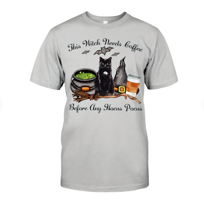 Black Cat This Witch Needs Coffee Before Any Ho.Cus Po.Cus Shirt