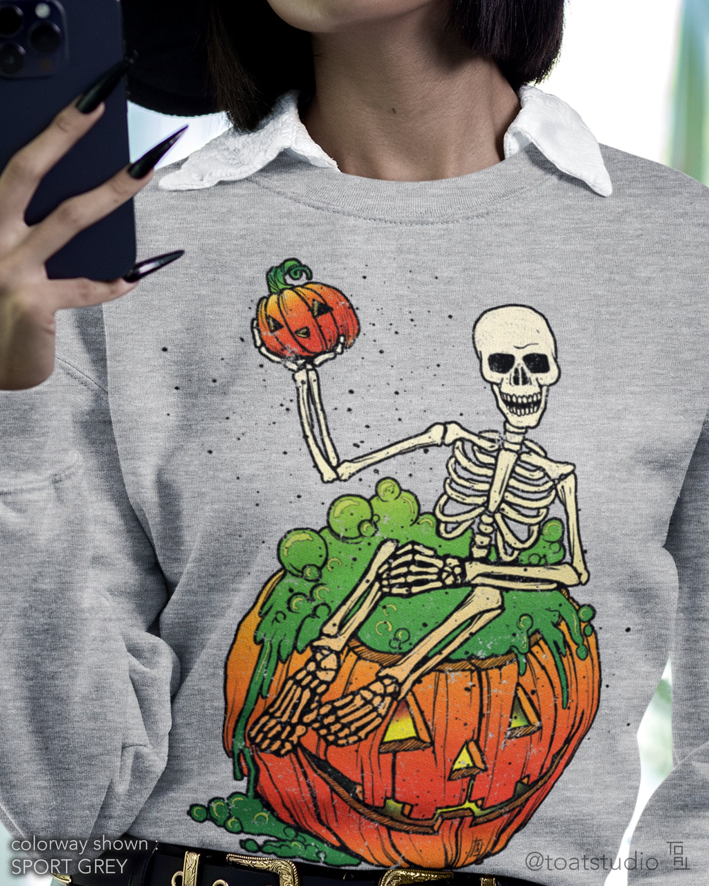 Skeleton Pumpkin Bath Unisex Crewneck Sweatshirt, Funny Halloween Skeleton, Spooky Skull, Halloween Humor Sweater, JackOLantern Potion Bath