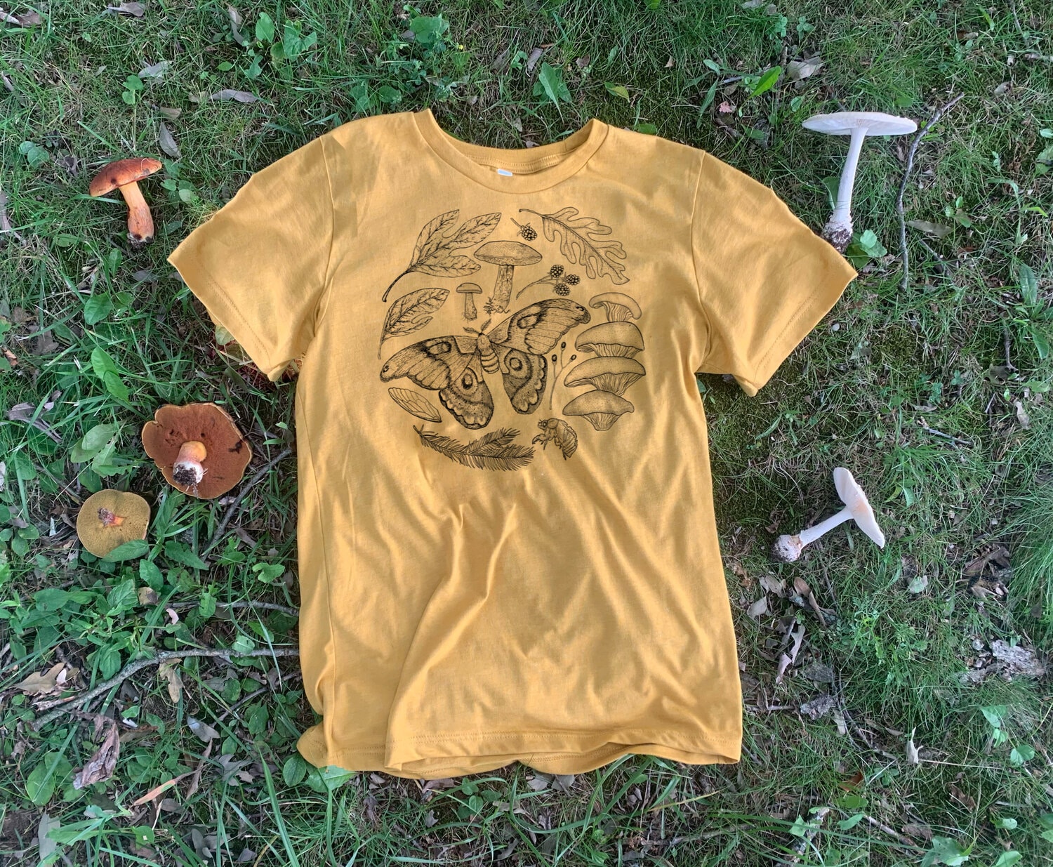 Summer finds shirt mushroom moth berries nature walk