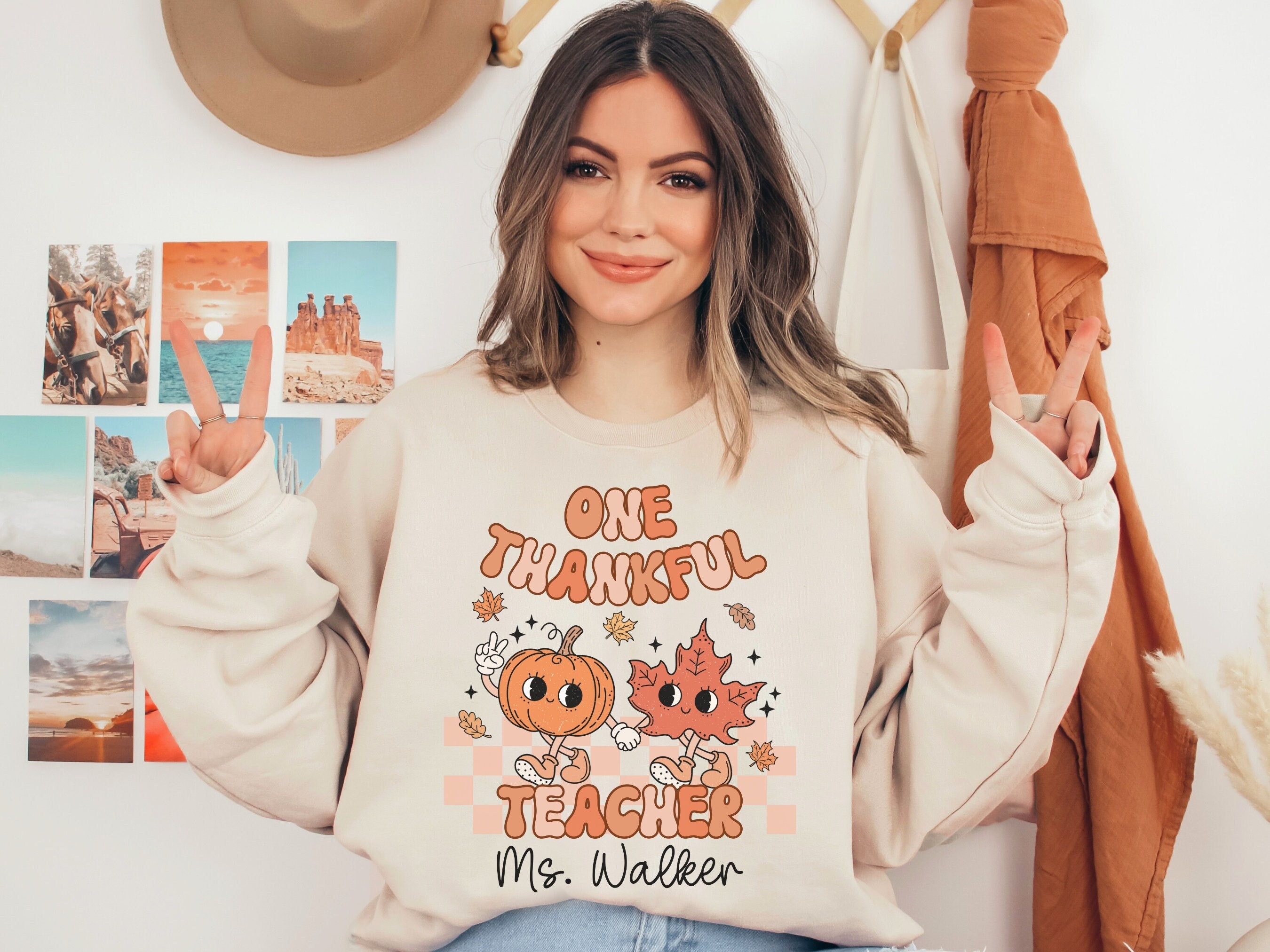 Personalized Fall Teacher Sweatshirt Custom Thanksgiving Teacher Crewneck One Thankful Teacher Fall Tee Cute Pumpkin Halloween Teacher Gift