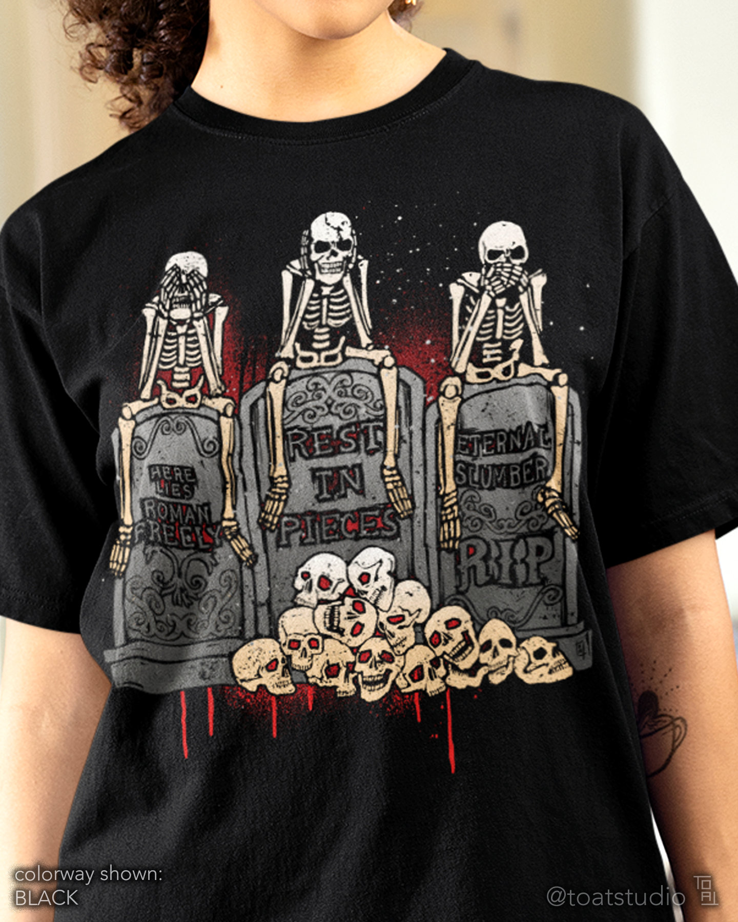 No Evil Skeletons Unisex T-shirt, 3 Wise Skeletons, See No Evil Hear No Evil Speak No Evil, Funny Tombstone, Rest in Pieces, RIP Graveyard