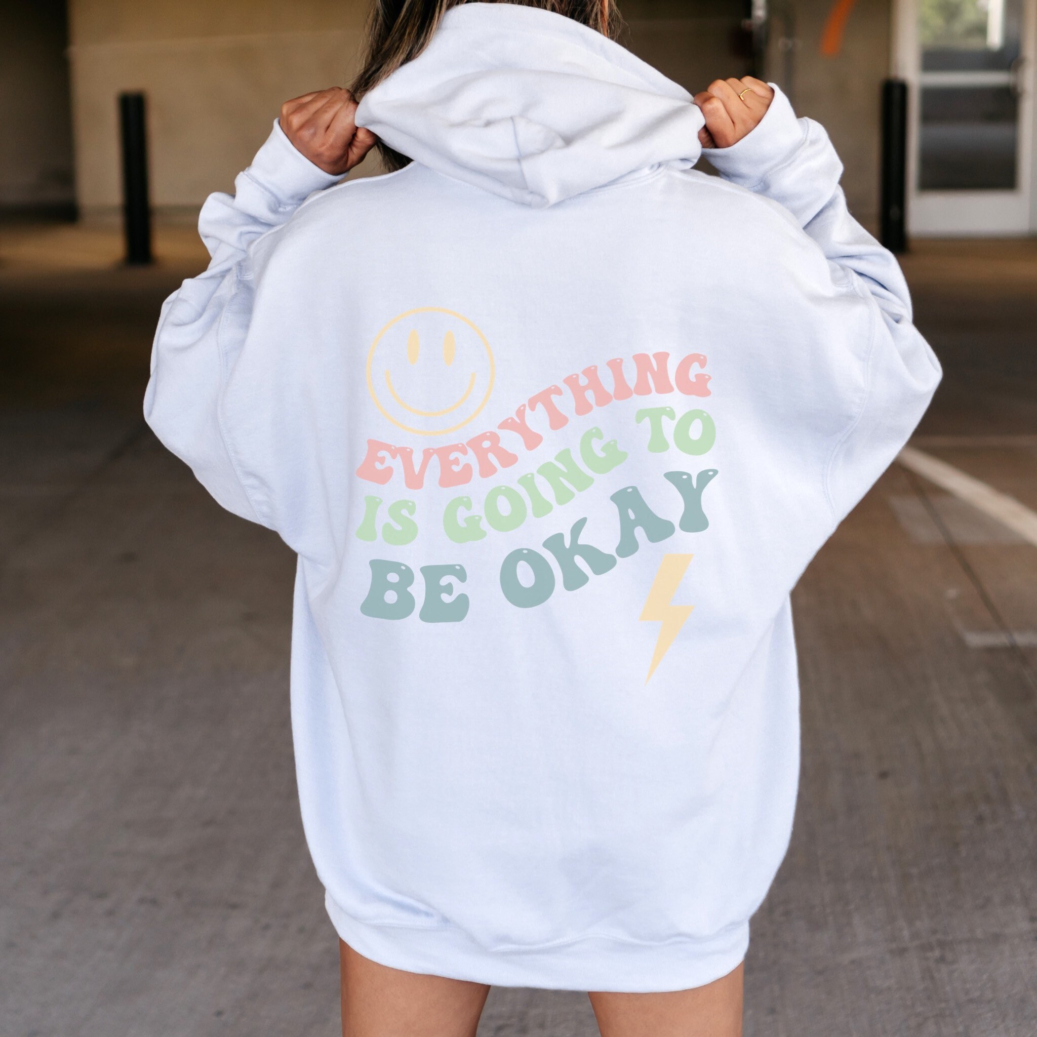 Everything is Going to Be Ok Hoodie Smiley Face Lightning Bolt Hoodie Trendy Hoodie Preppy Sweatshirt Aesthetic Hoodie VSCO Hoodie for Women