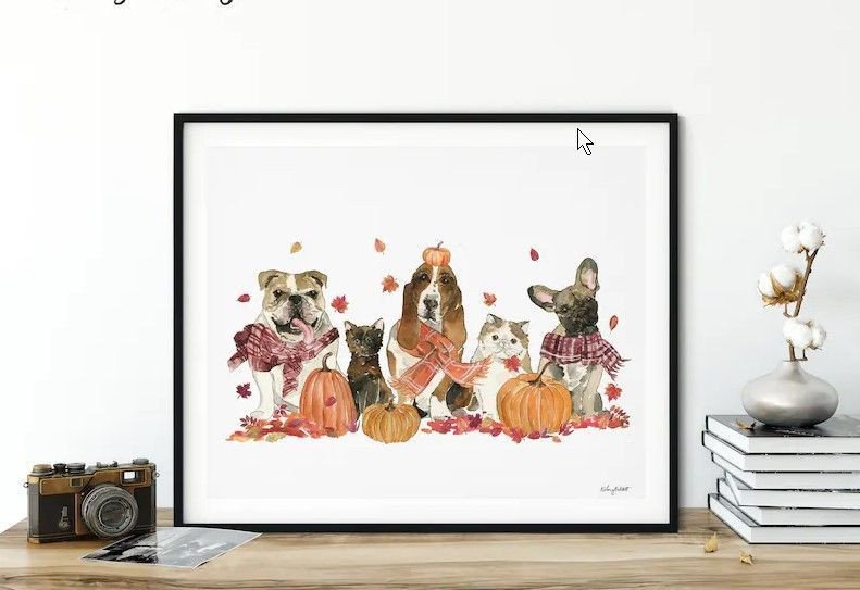 Pumpkin Patch Pets Poster Wall Art, Dog Costume, Fall Home Decor, Fall Art Print, Halloween Art Print, Halloween Home Decor