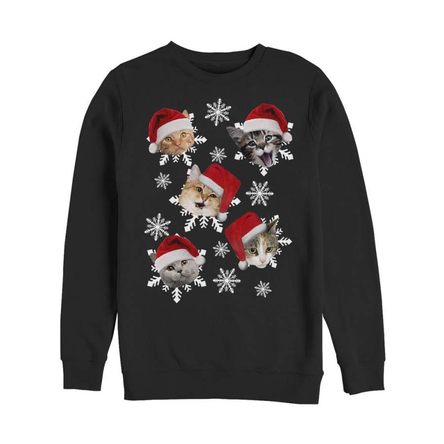 Lost Gods Men’s Ugly Christmas Cat Snowflakes  Sweatshirt Black