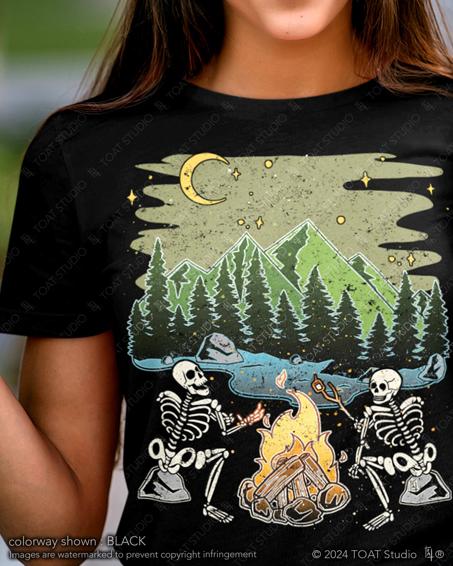 Skeleton Campfire Unisex T-Shirt, Funny Spooky Skeletons, Outdoor Camping, Nature Lover, Lost in Nature, Mountain Forest, Hiking Trip Tee