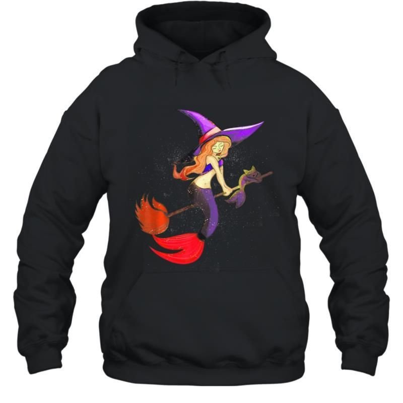 Mermaid Witch Riding Broom Stick Funny Halloween Shirt Hoodie