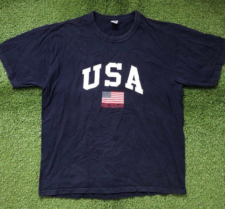 Vintage 90 Russell Athletic Sportswear Usa Flag Print Overd Shirt Retro Hip Hop Streetwear Summer Russell Athletic Shirt