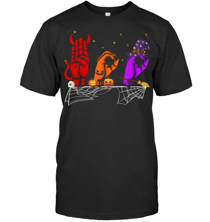 Devil Jack-O-Lantern Witch Hands Spiderweb Broom Halloween Asl Sign Language Shirts