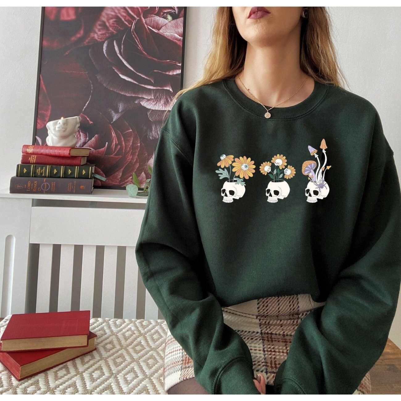 Retro Halloween Sweatshirt Skeleton Mushroom Sweatshirt Ghost Sweatshirt Spooky Sweatshirt Witchy Sweatshirt Pastel Halloween Sweatshirt