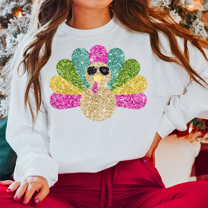 Glitter Turkey Thanksgiving Print Sweatshirt