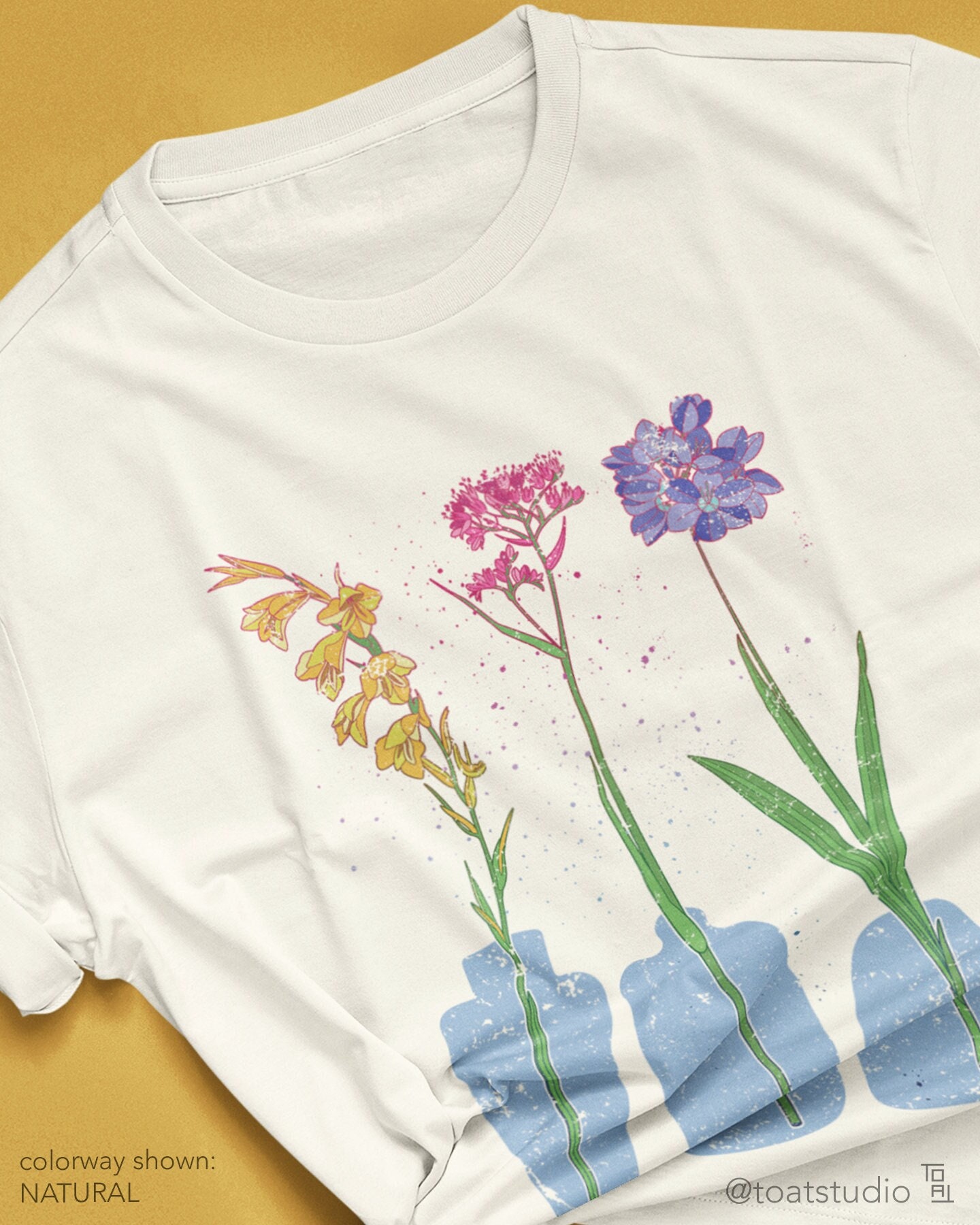 Flower Vase II Unisex T-shirt, Plant Decor Drawing, Botanical Art, Flower Garden, Yellow Pink Purple Flowers Plant Jersey Shirt, Plant Lover