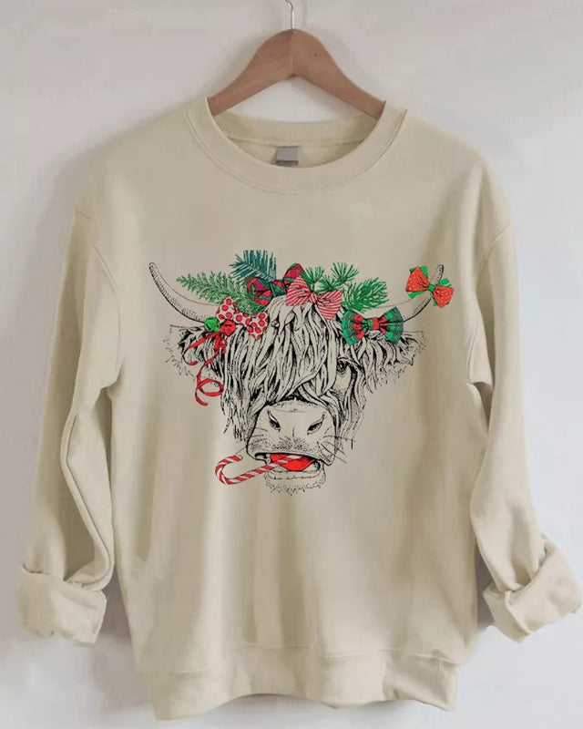 Christmas Cow Print Casual Crewneck Sweatshirt