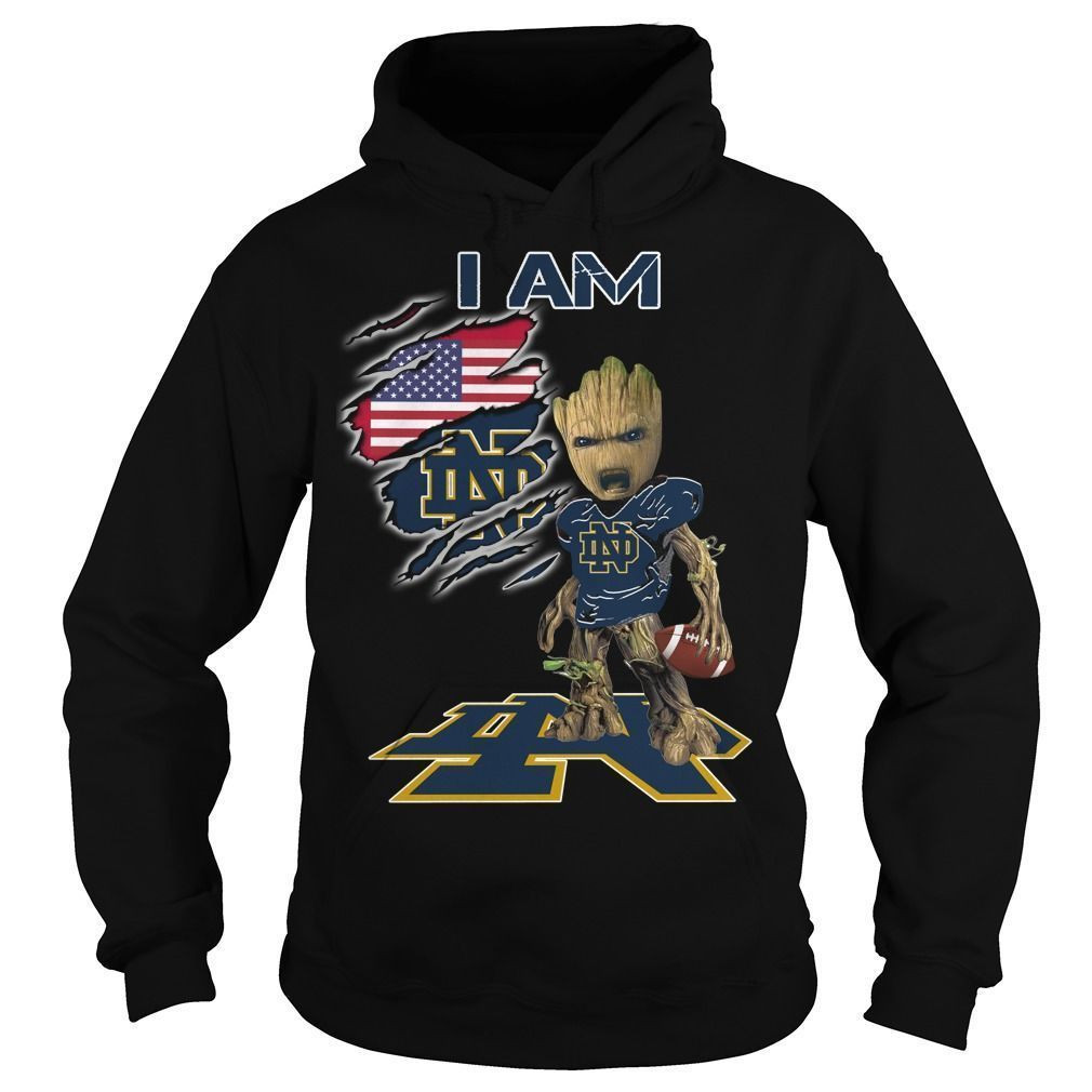 I Am Notre Dame Fighting Irish Baby Groot American Flag Funny Us Football Fans Shirts