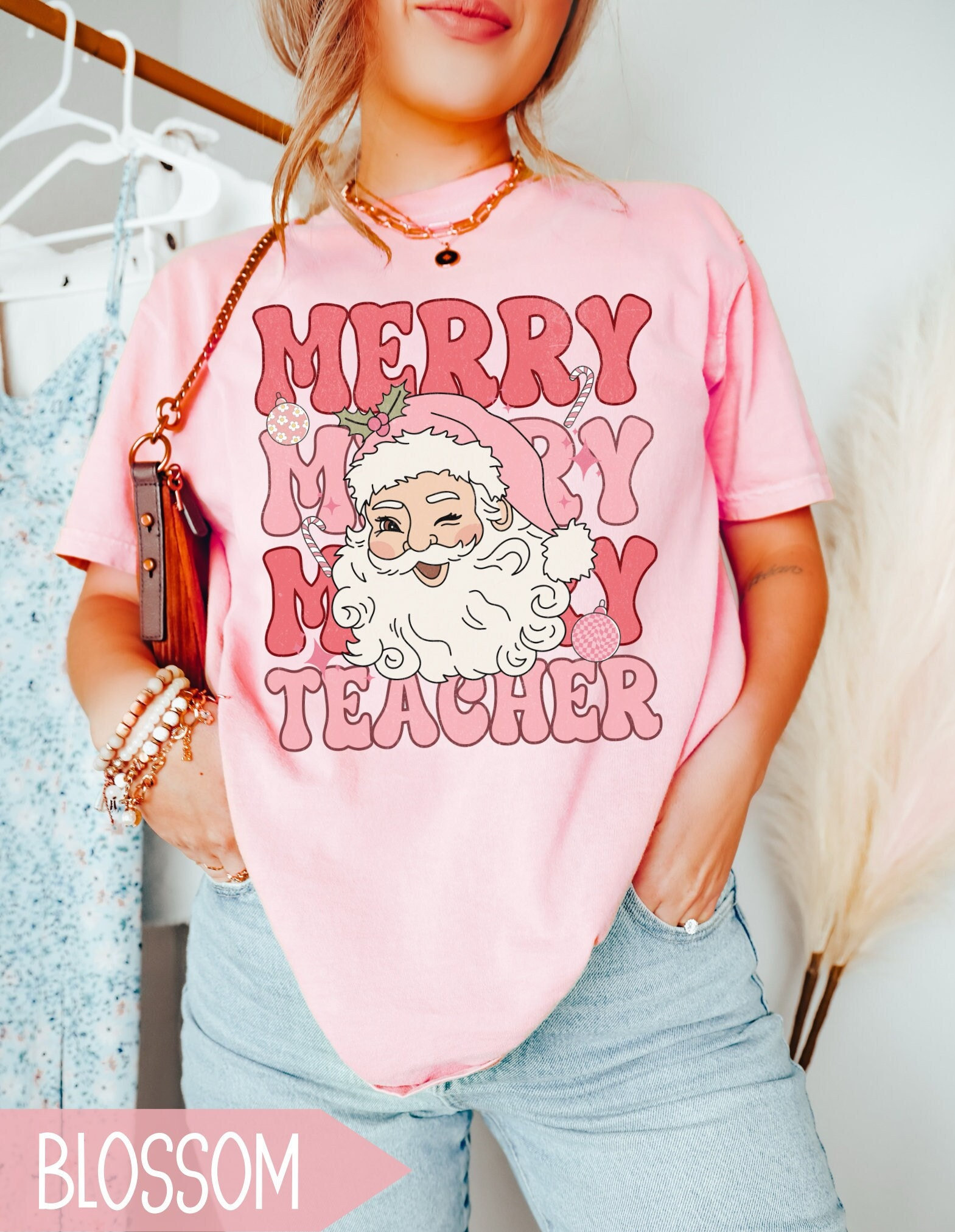 Merry Teacher Christmas Shirt, Comfort Colors, Pink Teacher Teams Holiday Tshirt, Retro Teacher Santa Tee, Trendy Teacher Christmas Gift,