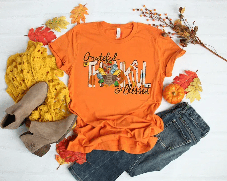 Grateful,Thankful, Blessed With Turkey Shirtfall Vibes Shirt,Fall Turkey Shirt,Thanksgiving Dinner Shirt,Thankful Shirt