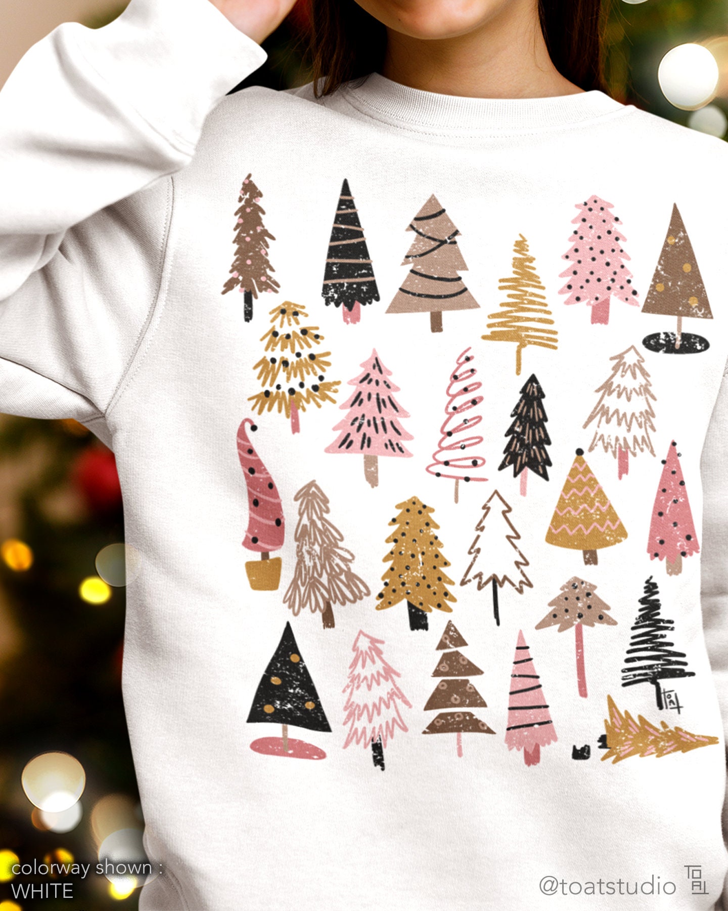 Pink Christmas Trees Unisex Crewneck Sweatshirt, Christmas Tree Shirt, Simple Line Drawing, Cute Pink Christmas, Pine Tree Forest