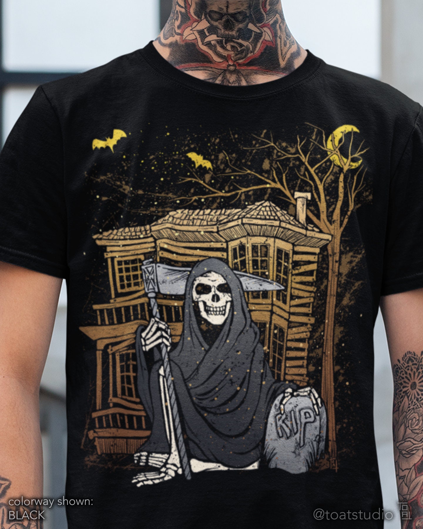 Grim’s Haunted House Unisex T-shirt, Grim Reaper Skeleton, Haunted Halloween, Spooky Season, Grunge Vintage Dark Halloween, God Of Death Tee