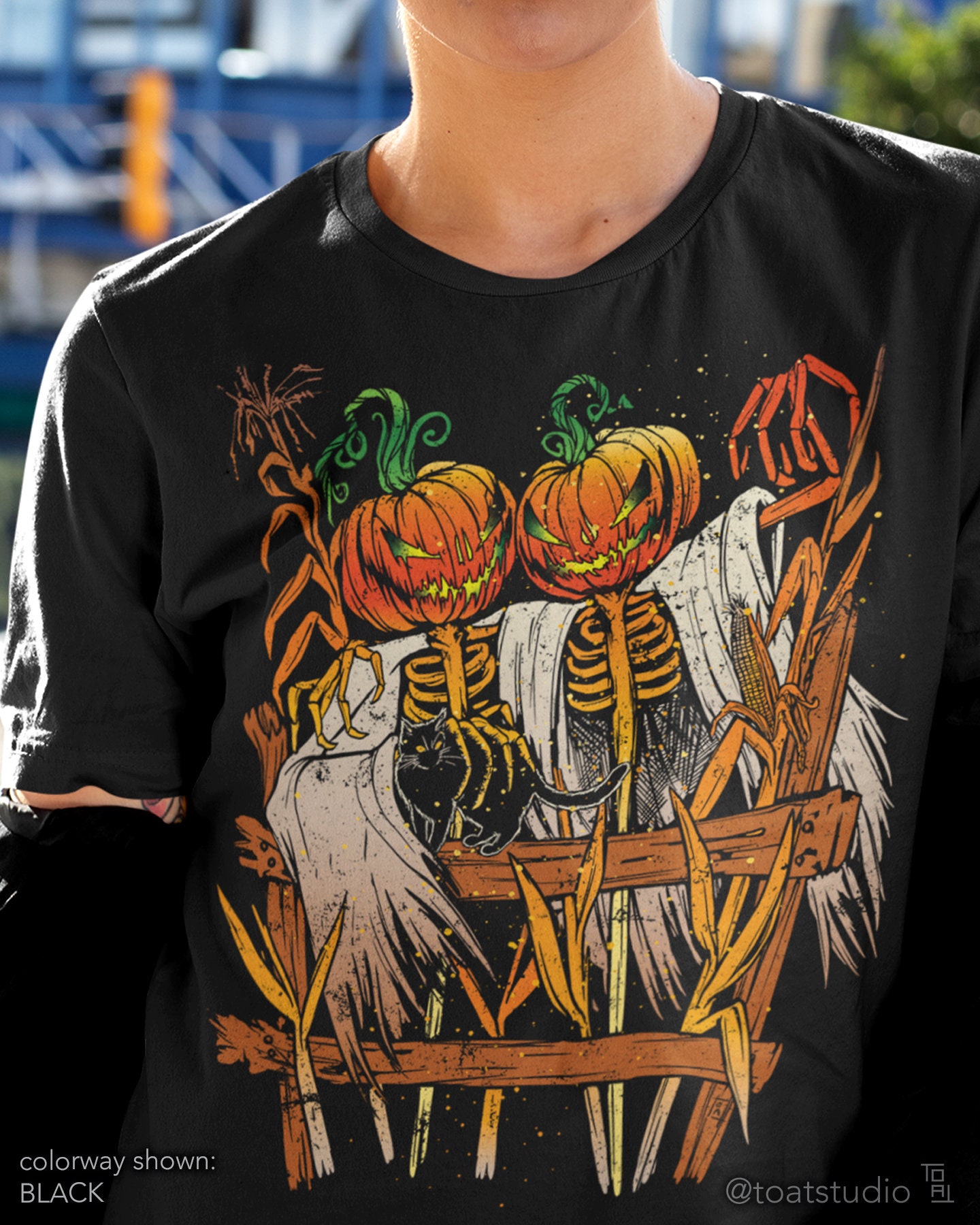 Halloween Scarecrow Unisex T-shirt, Pumpkin Skeleton, Halloween Skeleton, Black Cat, Scary Jack-o-Lantern, Haunted Halloween, Corn Maze