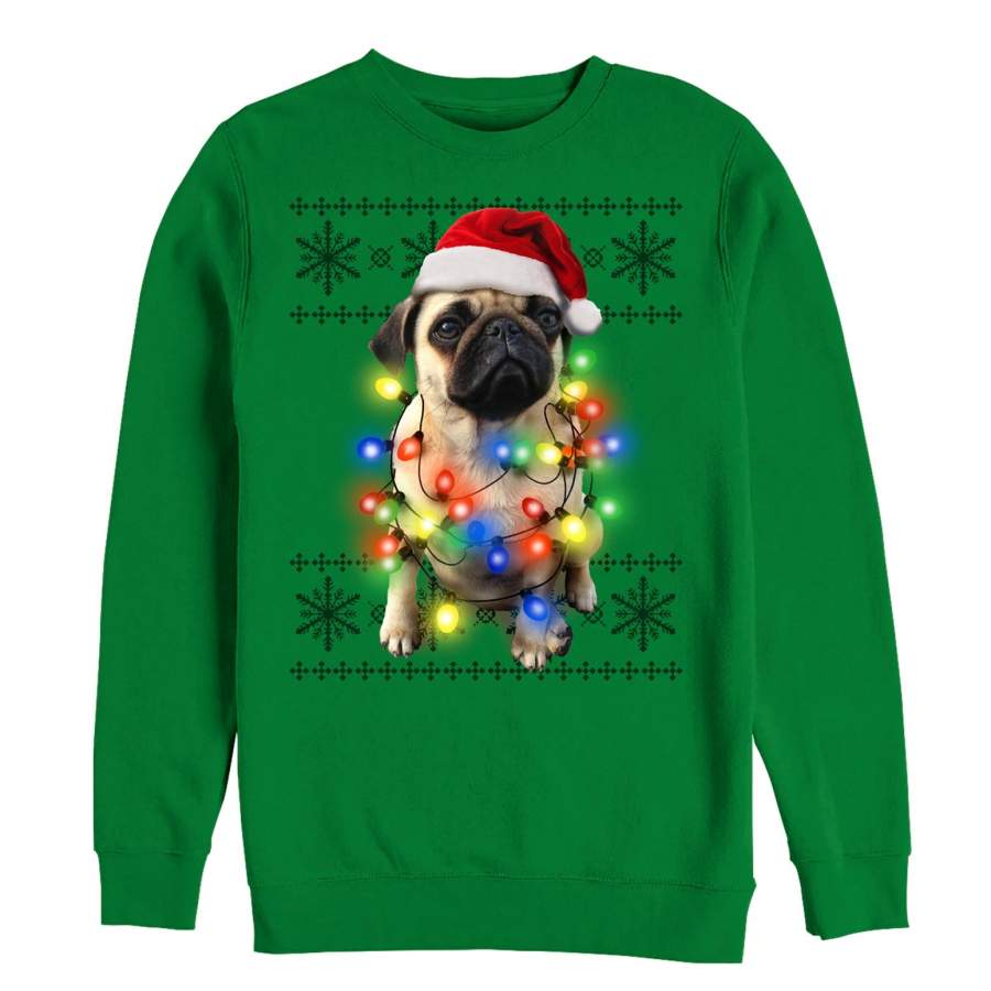 Lost Gods Men’s Ugly Christmas Pug Lights  Sweatshirt Kelly Green