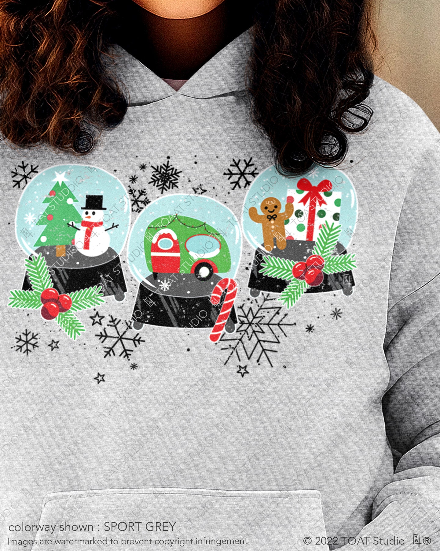 Snow Globe Ornaments Unisex Hoodie, vintage snowglobes, Christmas ornaments, Snowflakes, Airstream Camper, Snowy Christmas, Holiday Snowman