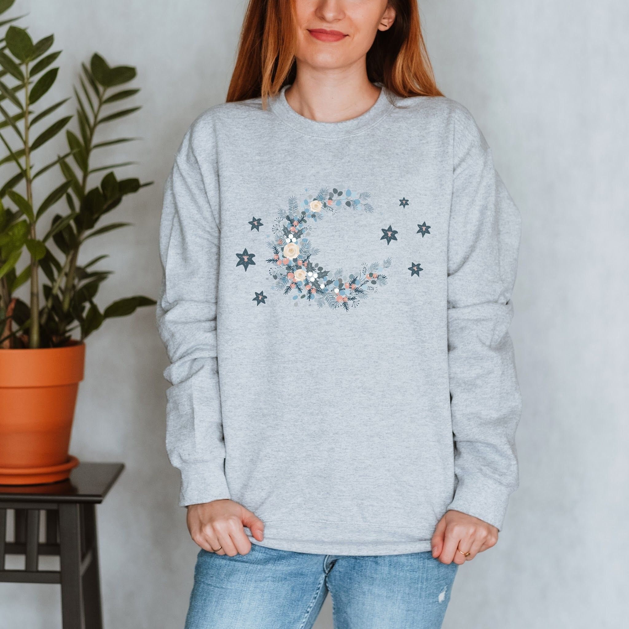 Moon and Stars Botanical Sweatshirt, Celestial Crewneck, Moon Pullover, Botanical Sweater, Moon & Stars Shirt, Floral Sweatshirt, Gift