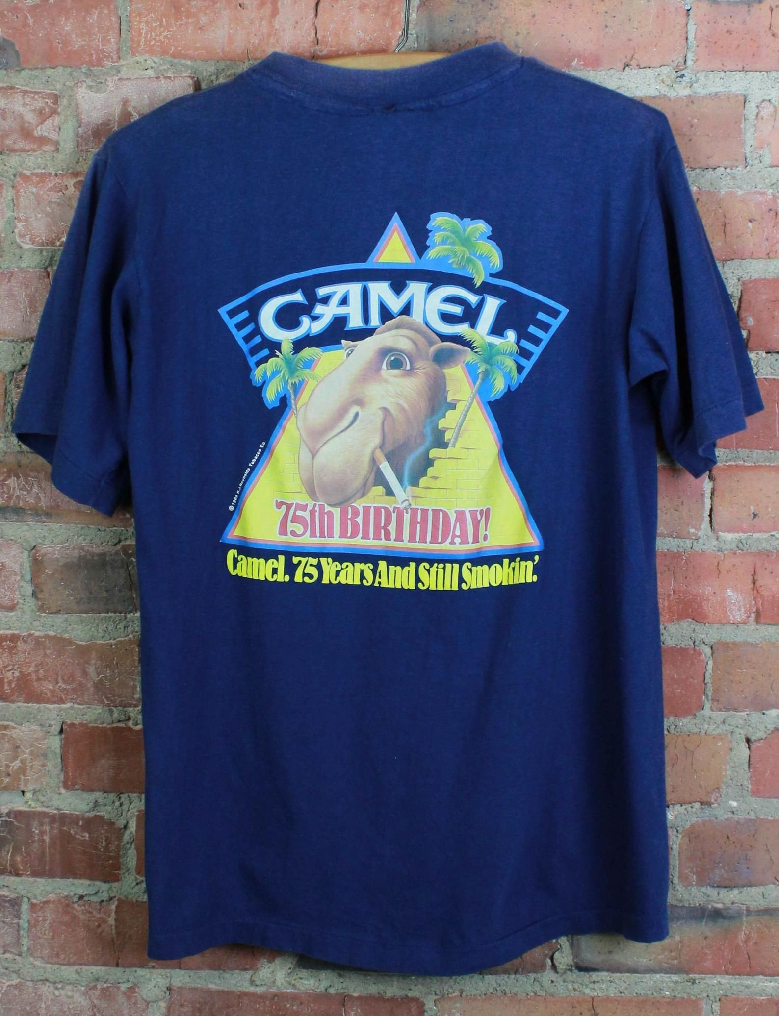 Vintage 1988 Camel 75Th Birthday Graphic T Shirt Pocket Tee Navy Blue Unisex /