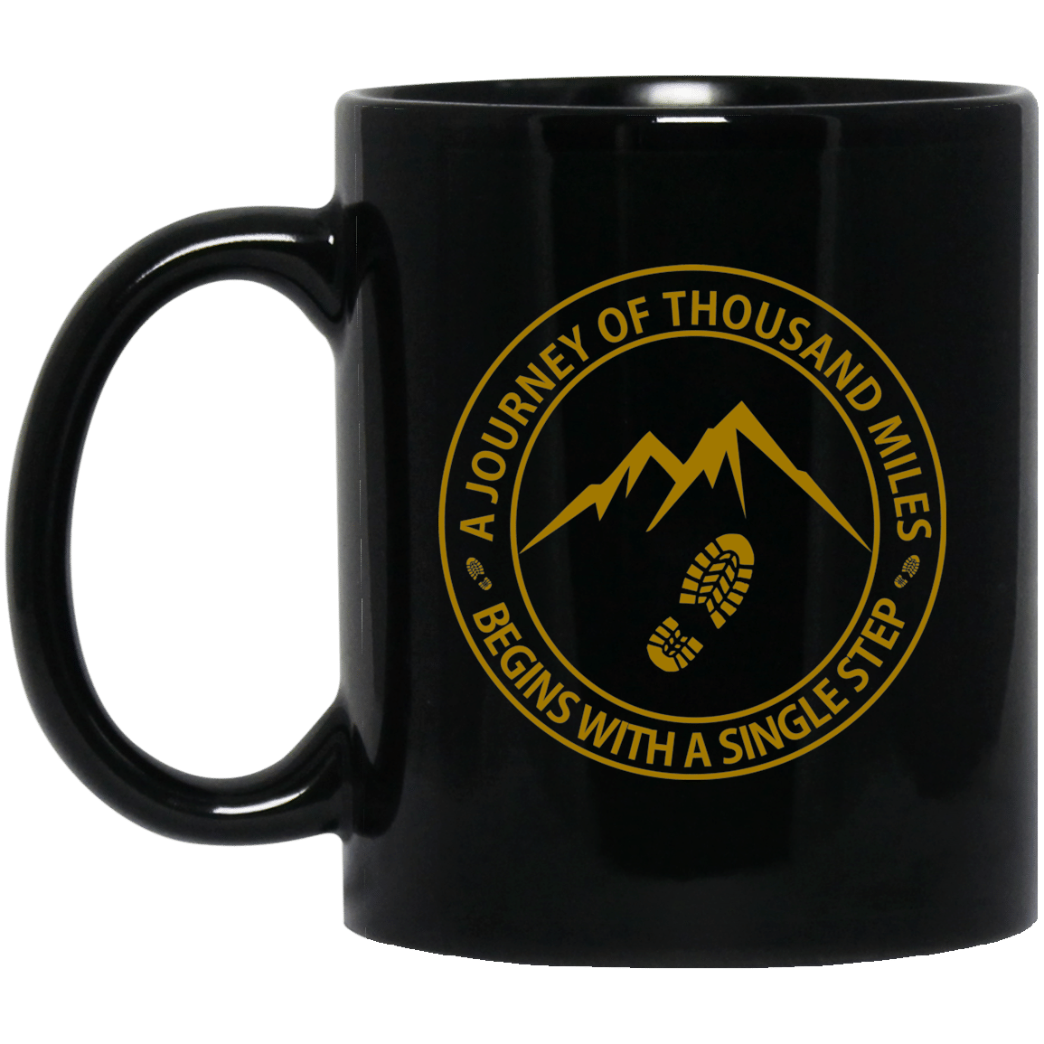 A Journey Of Thousand Miles Begins With A Single Step Stamp Black Mug