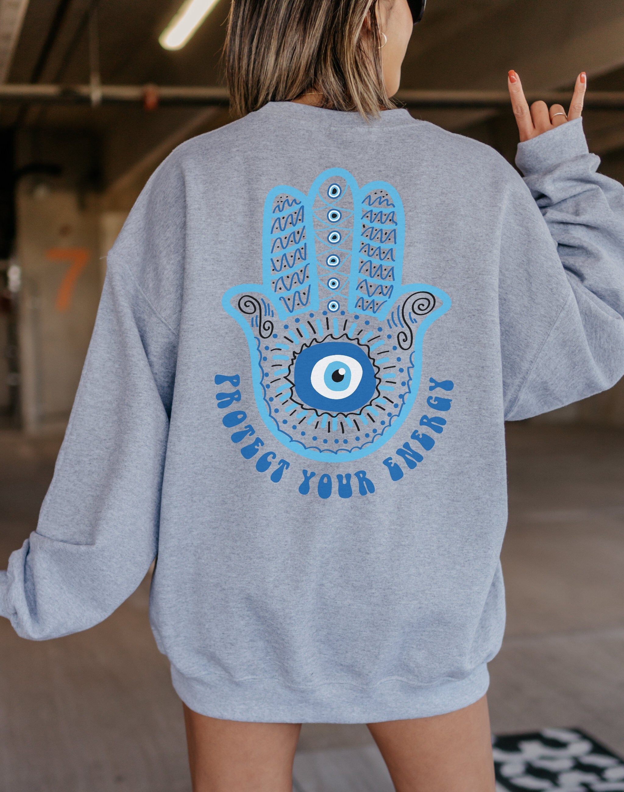 Protect Your Energy Hasma Hand Evil Eye Sweatshirt Indie Aesthetic Clothes Witchy Clothes Mystical Shirt VSCO Tumblr Oversized Sweatshirt