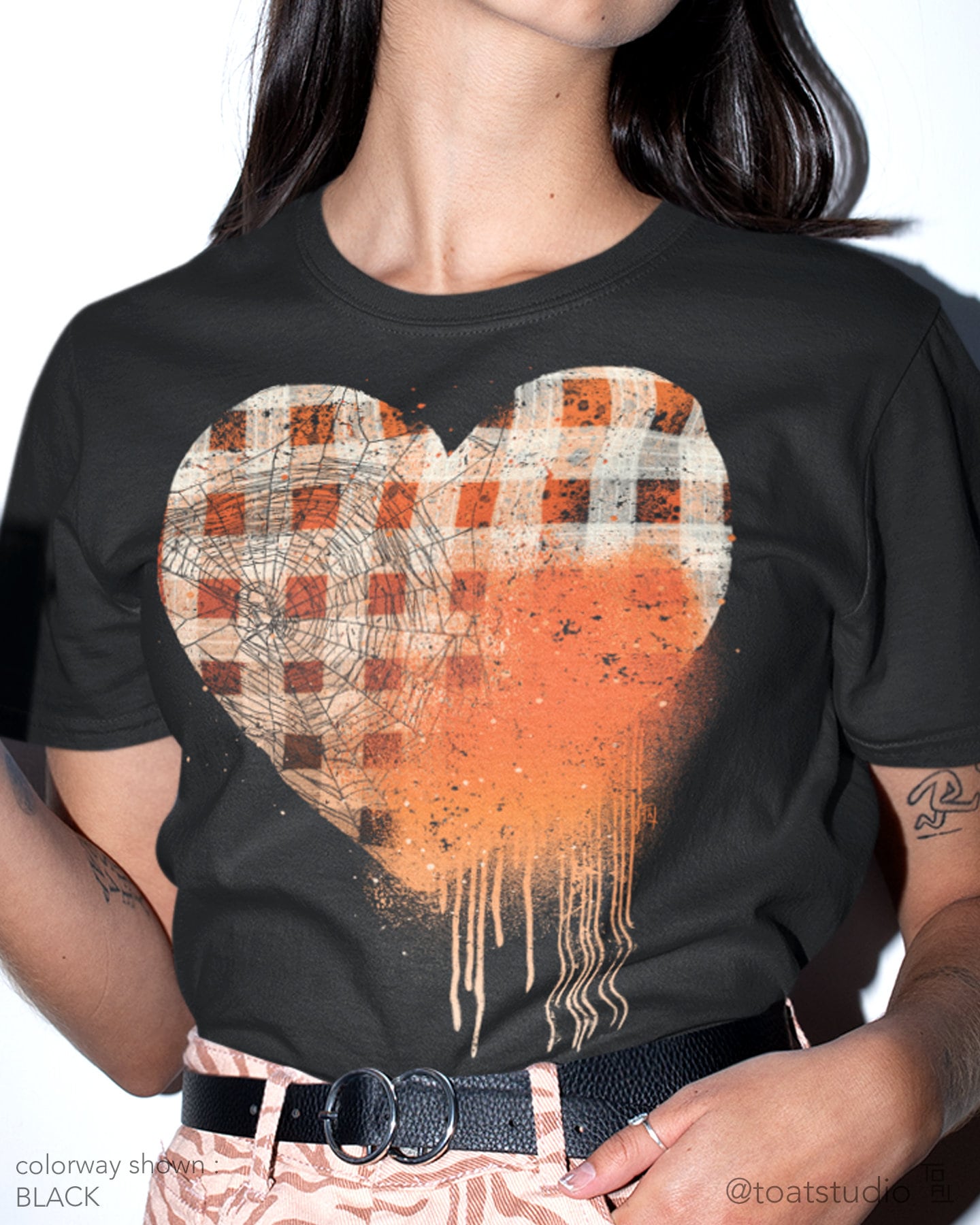 Halloween Plaid Heart Unisex T-shirt, Orange Plaid, Cute Halloween Shirt, Spider Web Heart, Grunge Halloween, Spooky Season, Halloween Lover