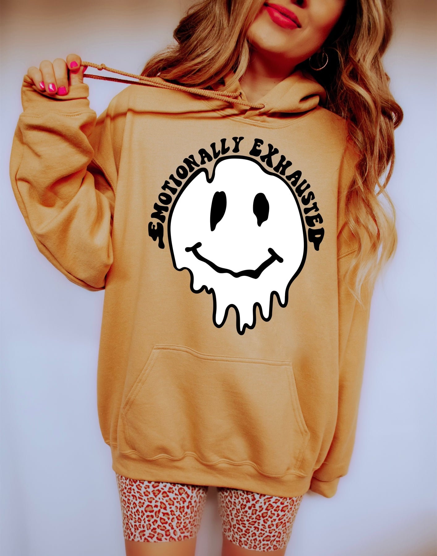 Emotionally Exhausted Hoodie – women’s graphic hoodie, Emotional hoodie, Trendy hoodie, graphic hoodie, drip smiley face hoodie