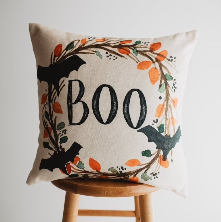 Boo Halloween Wreath Pillow, Fall Decor | Farmhouse Pillows | Country Decor | Fall Throw Pillows | Cute Throw Pillows | Gift For Her