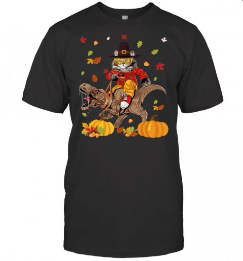 Cat Riding T Rex Funny Thanksgiving Dino Cat Lovers Gifts T Shirt