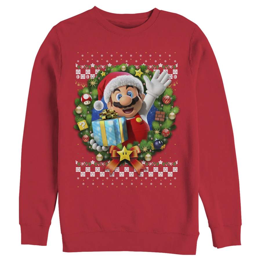 Nintendo Men’s Ugly Christmas Mario Wreath  Sweatshirt