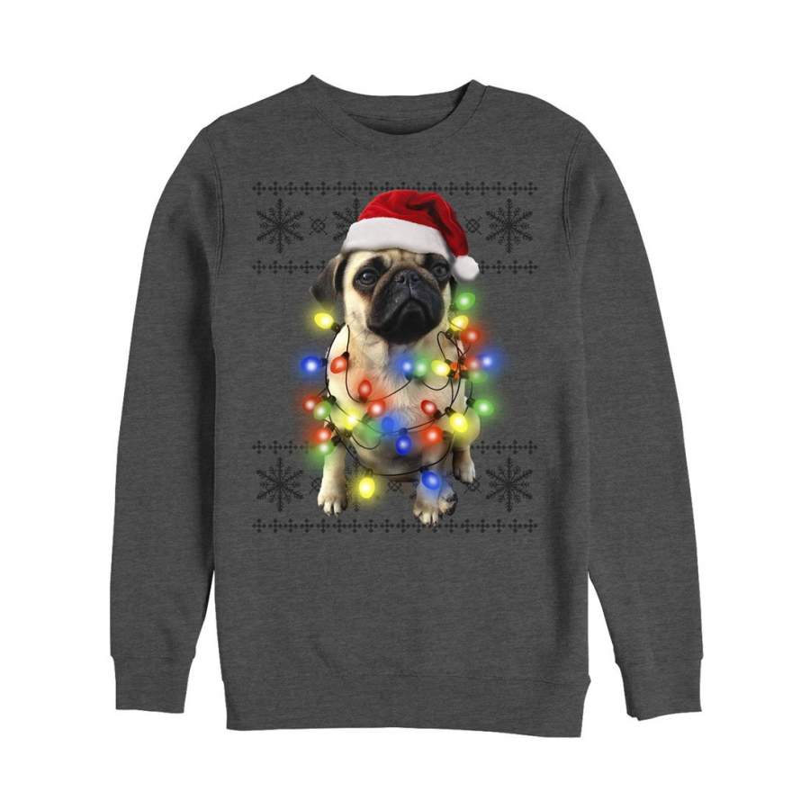 Lost Gods Men’s Ugly Christmas Pug Lights  Sweatshirt Charcoal Heather