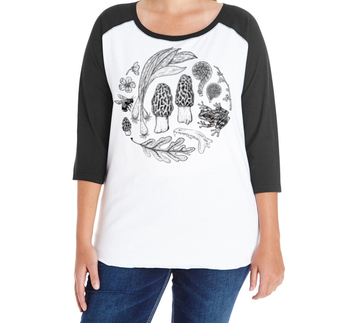 Spring Forager Plus Size Baseball T-Shirt Ladies morel mushrooms leeks honey bee bone naturalist hand printed