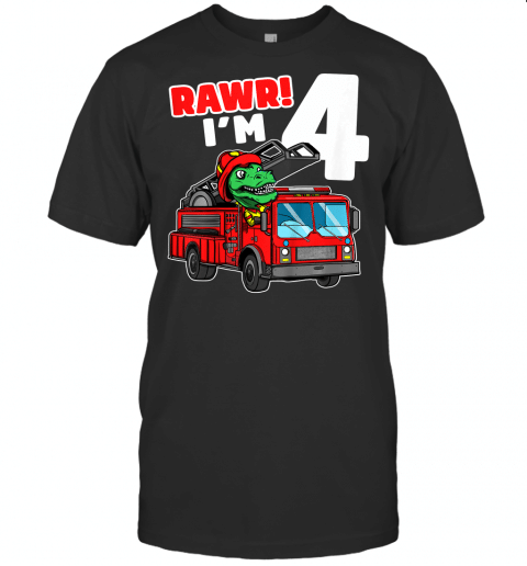 Kids Dinosaur Fire Truck 4Th Birthday Boy T Rex Firefighter 4 T Shirt