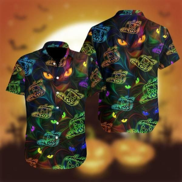 Halloween Colorful Light Cat And Pumpkin Hawaiian Shirt