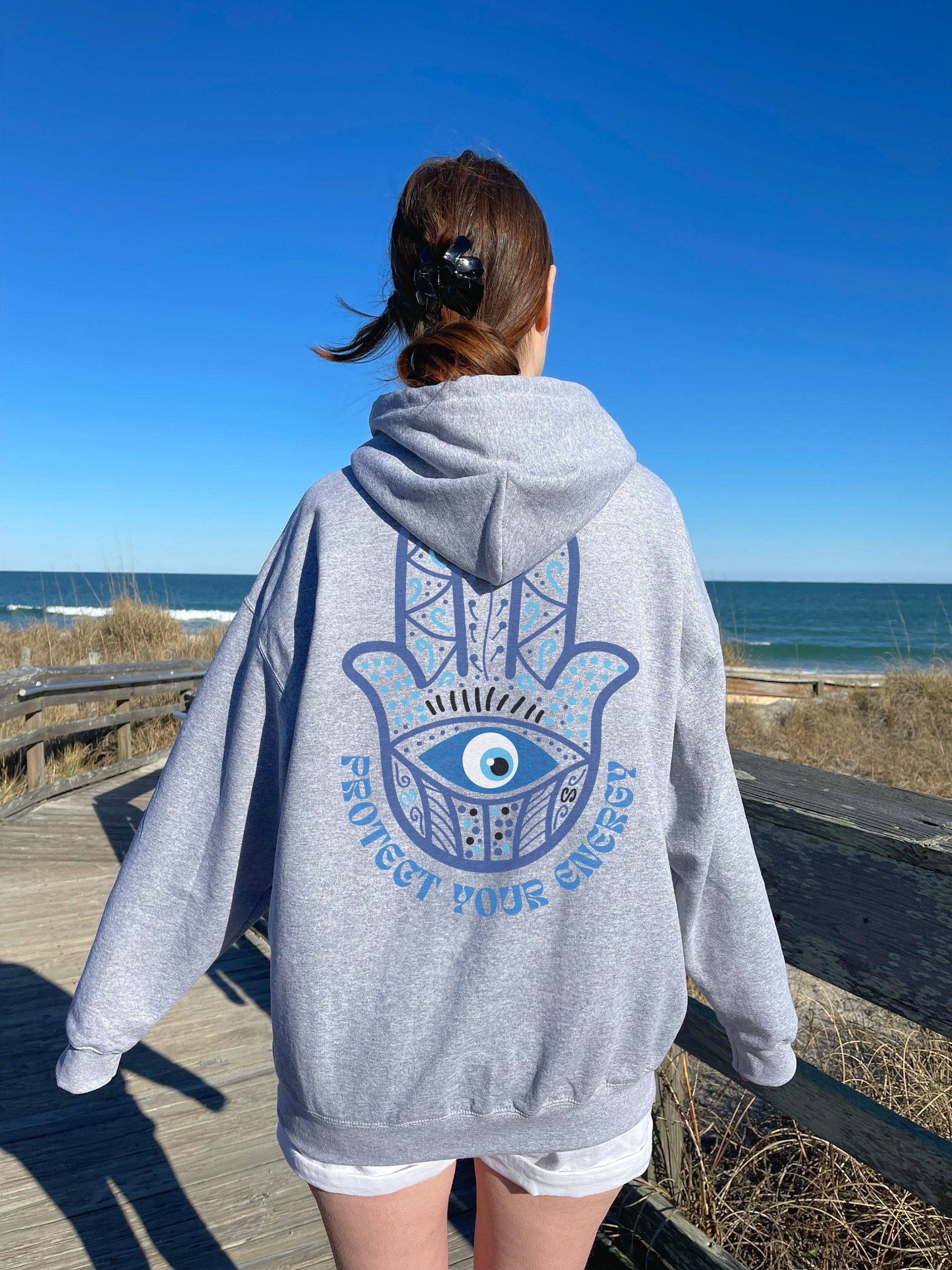 Protect Your Energy Evil Eye Hoodie with Words on Back Trendy Hoodies Witchy Clothes Oversized Hoody Preppy Hoodie Message on Back VSCO