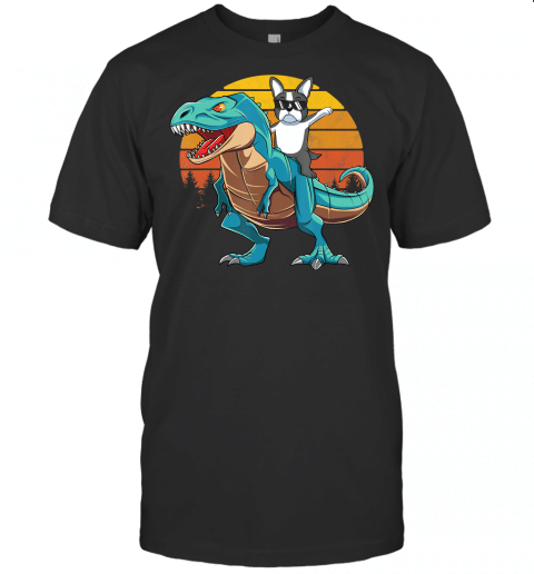 Boston Terrier Dog Riding Dinosaur T Rex Girls Boys Gift T Shirt