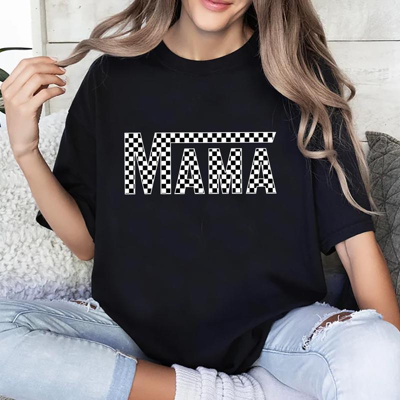 Checkered Mama Shirt, Vintage Mama Tee, Mom Life Graphic Printed Short Sleeve, Cotton Fabric Comforts Shirt For Women, Women’s Tops, Mother’s Day Gift