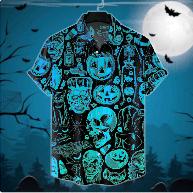 Halloween Hawaii Shirt, Hawaiian Shirt Shortsleeve Skull Pumpkin