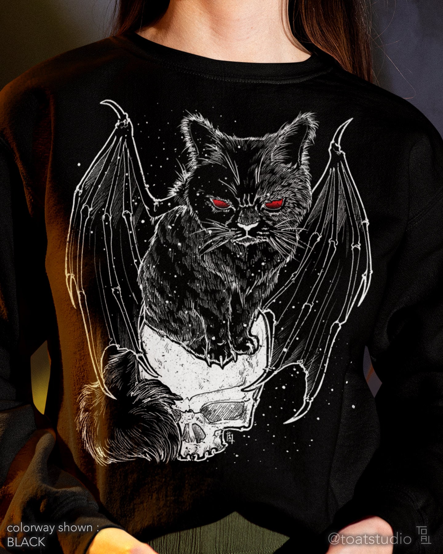 Bat Cat Unisex Crewneck Sweatshirt, Halloween Black Cat, Evil Cat, Scary Season, Flying Bat Cats, Gothic Grunge Cat, Evil Meow, Spooky Kitty