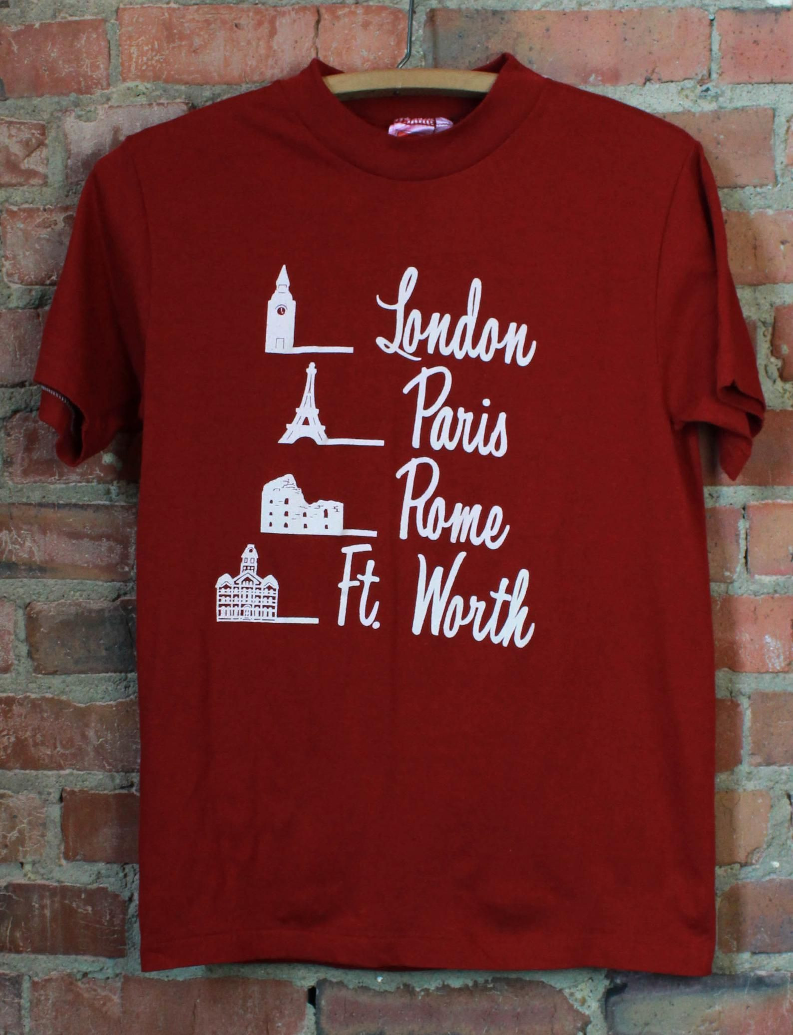 Vintage 80’S London Paris Rome Ft Worth Graphic T Shirt Maroon Unisex /